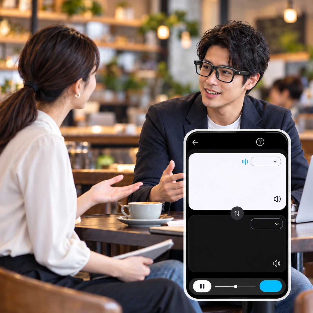 カフェでM08と翻訳アプリを使って会話するイメージ