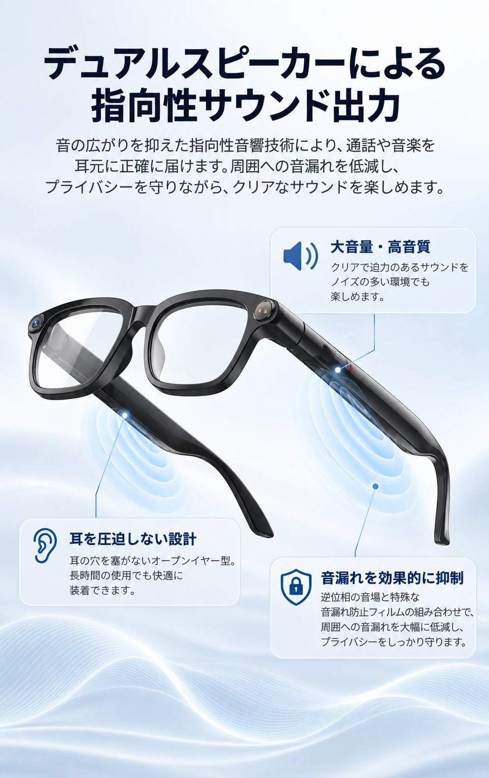 M08の左右のスピーカーと指向性サウンドの説明