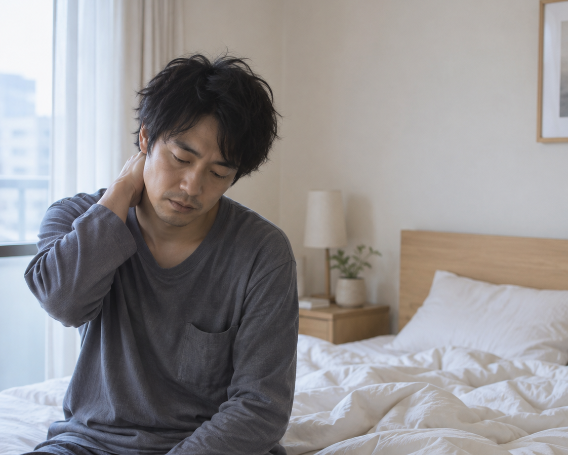 朝、ベッドの端に座り、首の後ろに手を当てている人