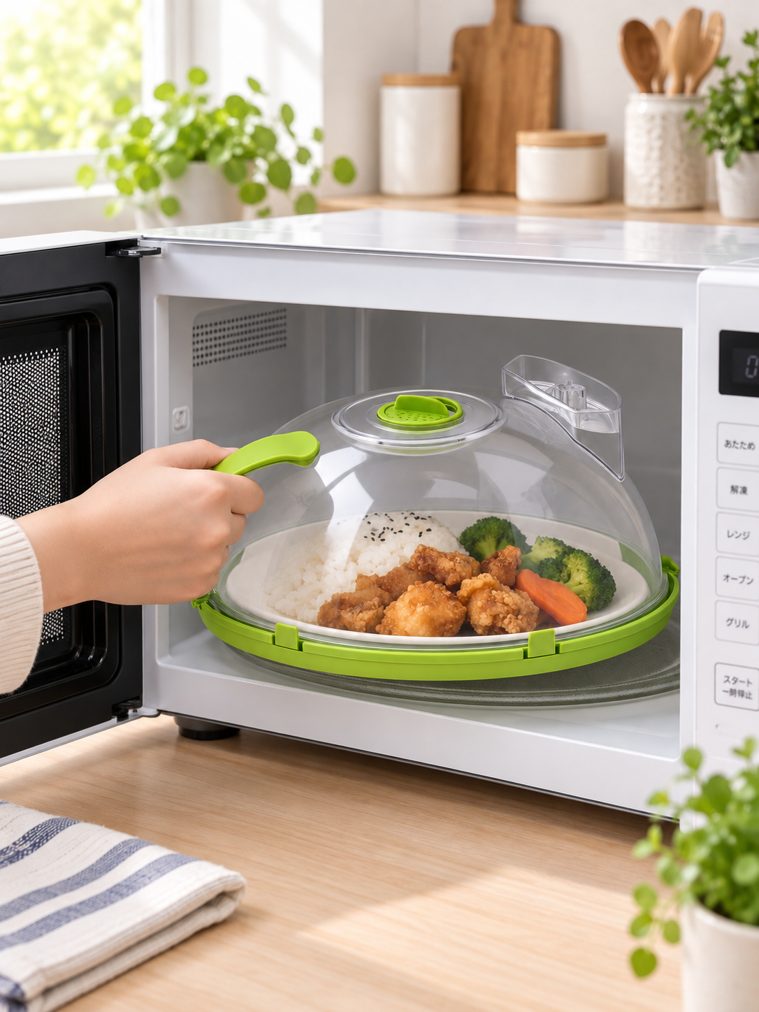 電子レンジの中でスチームレンジカバーを使う様子