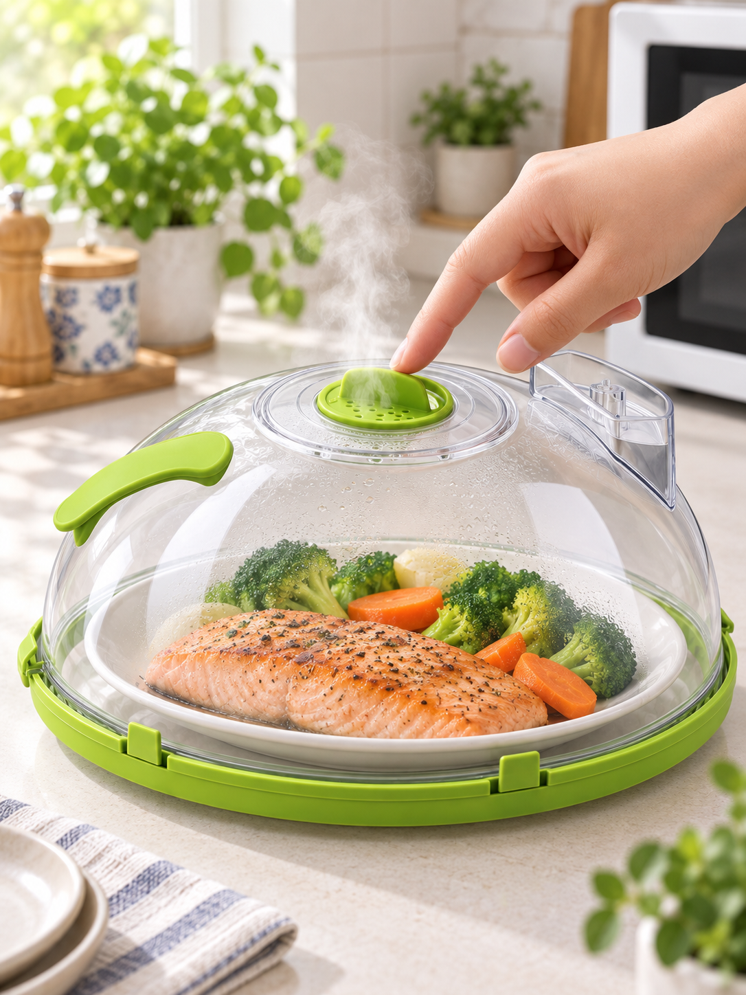 指で蒸気口を回して、開き具合を調整する様子