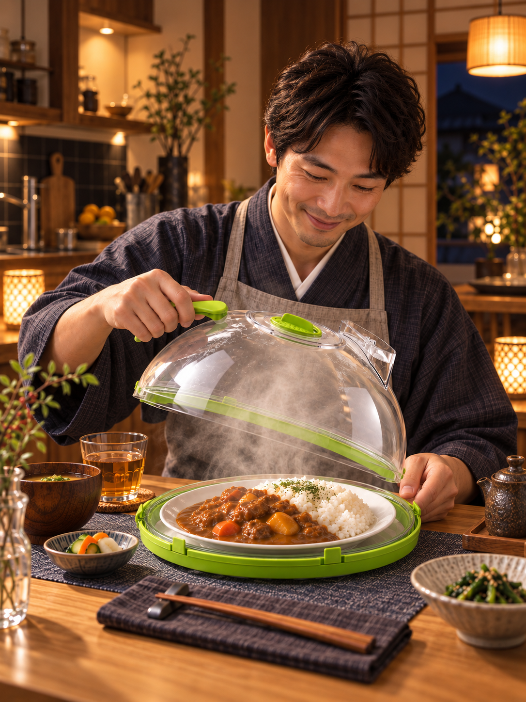 カツカレーにかぶせたカバーを持って、電子レンジから取り出す様子
