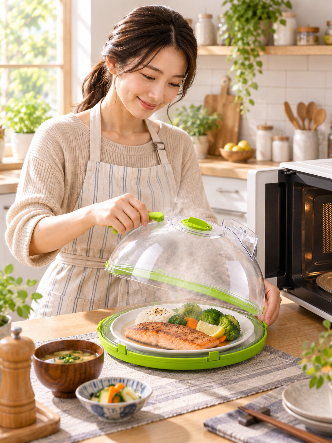 電子レンジの横で、料理にかぶせたカバーを持つ様子