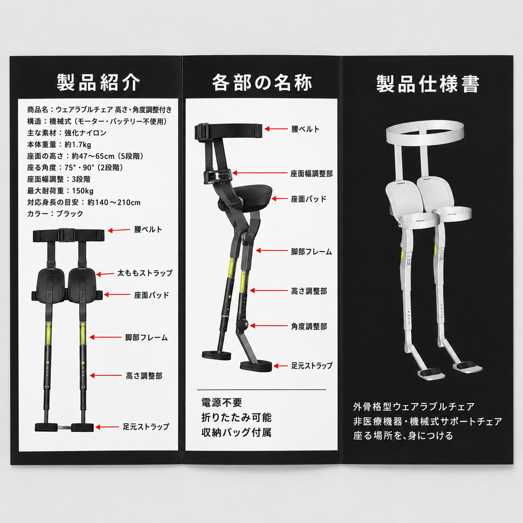 ウェアラブルチェア 高さ・角度調整付き