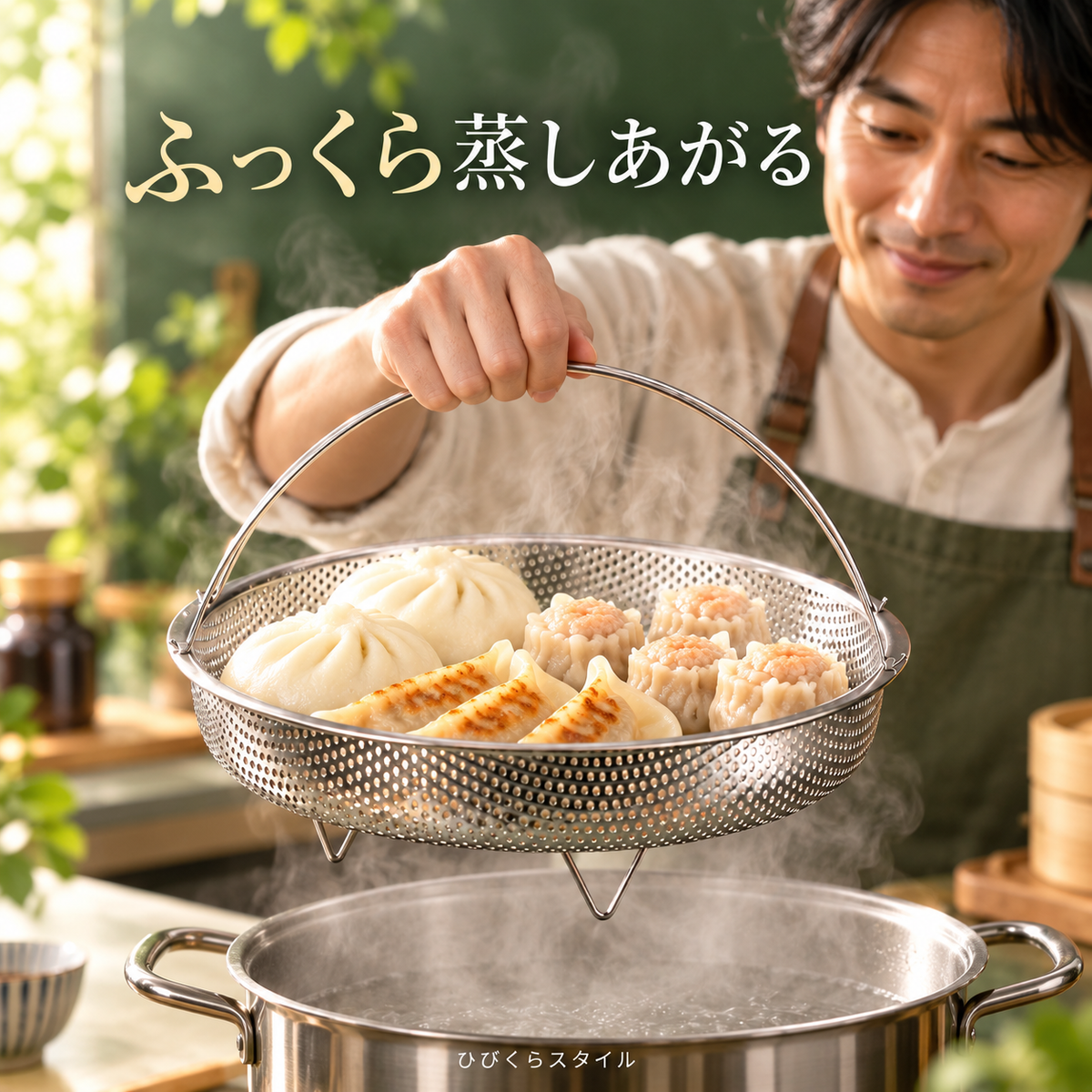 ステンレス蒸しかご 取っ手付き 折りたたみ脚付き
