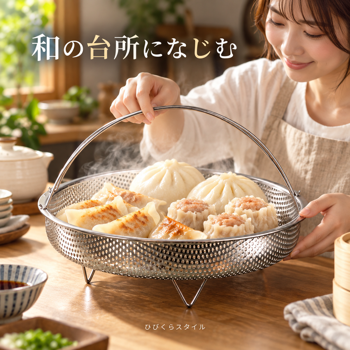 ステンレス蒸しかご 取っ手付き 折りたたみ脚付き