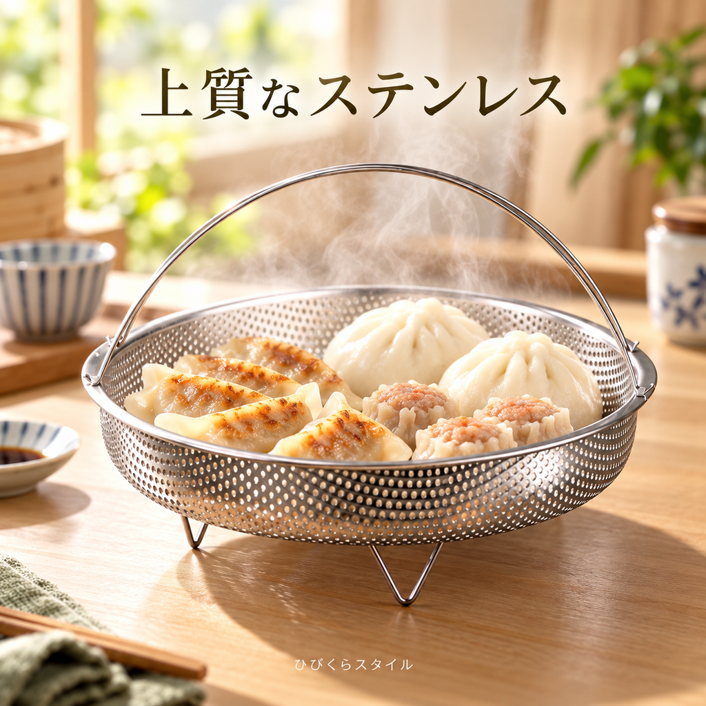 ステンレス蒸しかご 取っ手付き 折りたたみ脚付き
