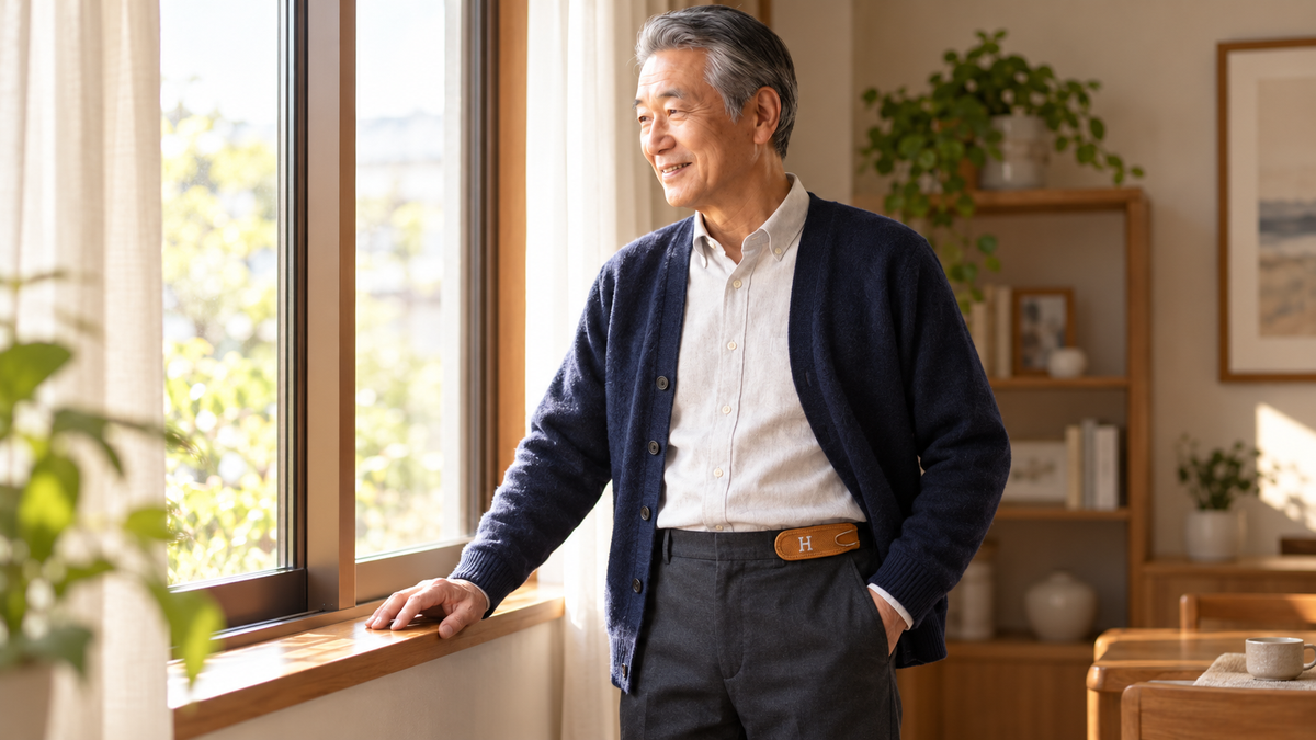 ノーバックルベルトを着用した男性