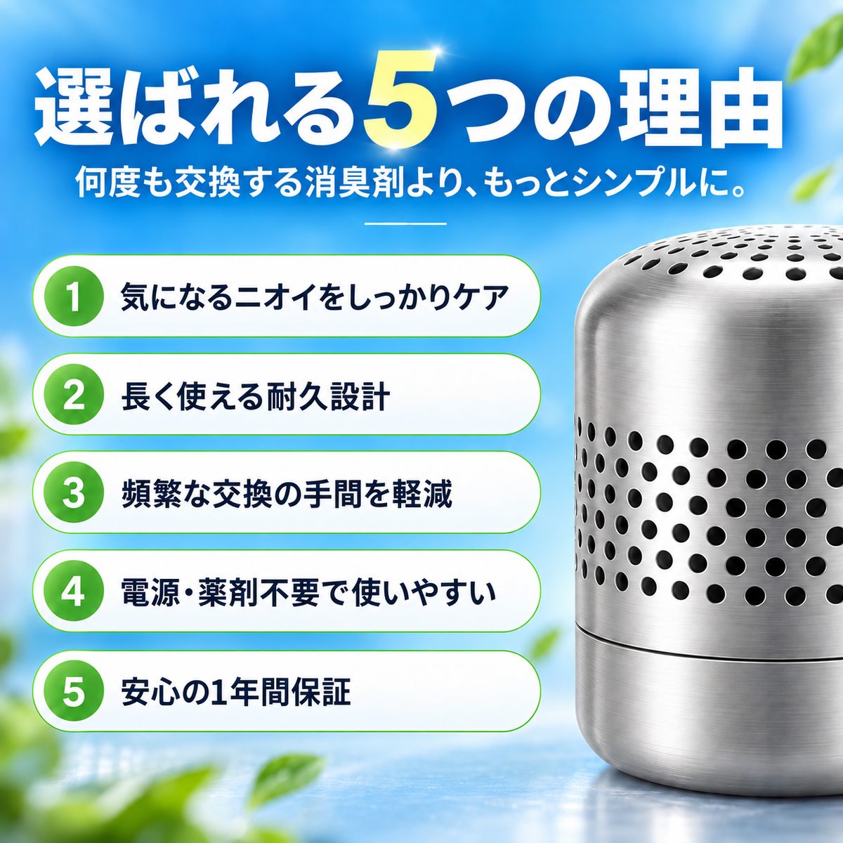 選ばれる5つの理由。何度も交換する消臭剤より、もっとシンプルに。1 気になるニオイをしっかりケア 2 長く使える耐久設計 3 頻繁な交換の手間を軽減 4 電源・薬剤不要で使いやすい 5 安心の1年間保証