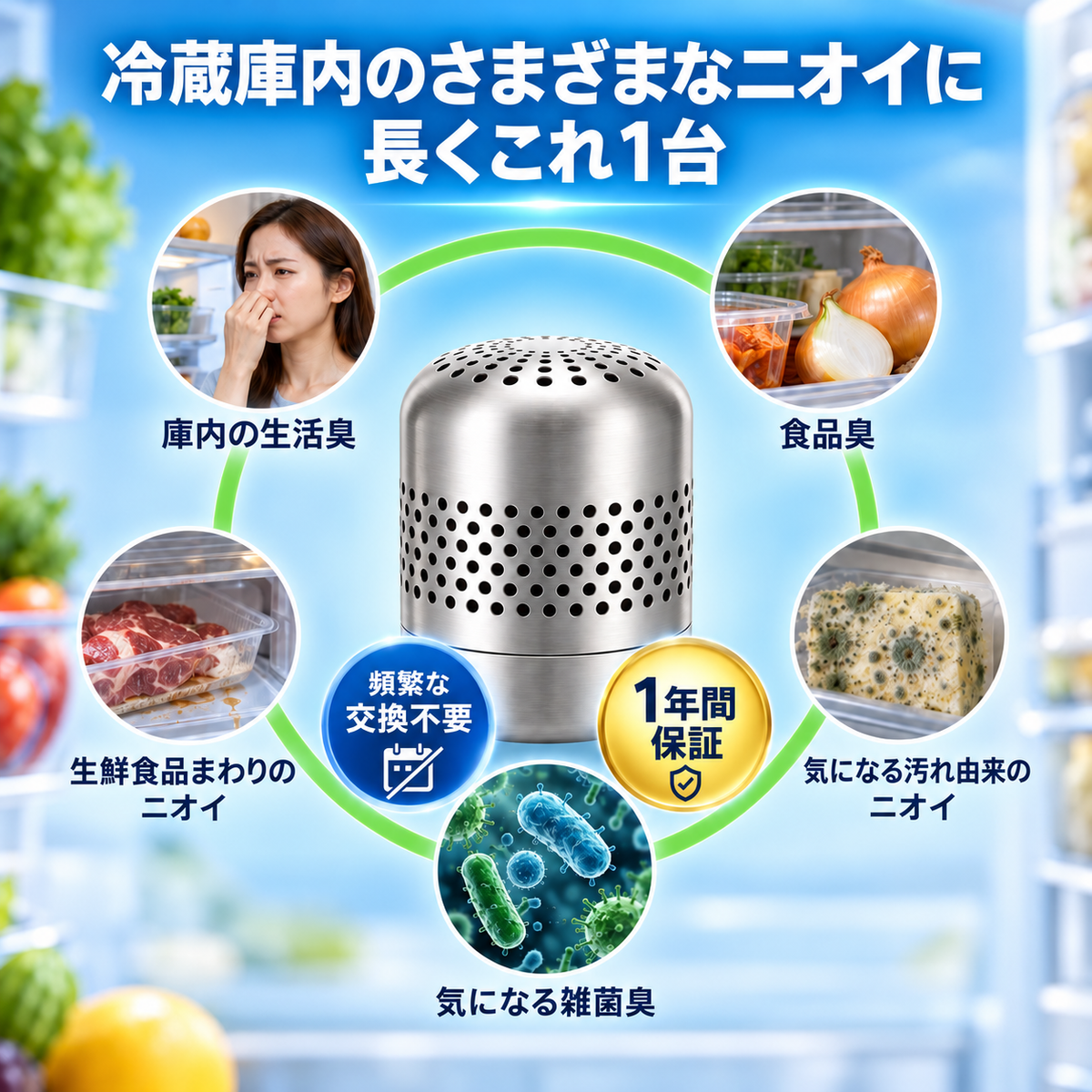 冷蔵庫内のさまざまなニオイに長くこれ1台。庫内の生活臭／食品臭／生鮮食品まわりのニオイ／気になる汚れ由来のニオイ／気になる雑菌臭。頻繁な交換不要。1年間保証