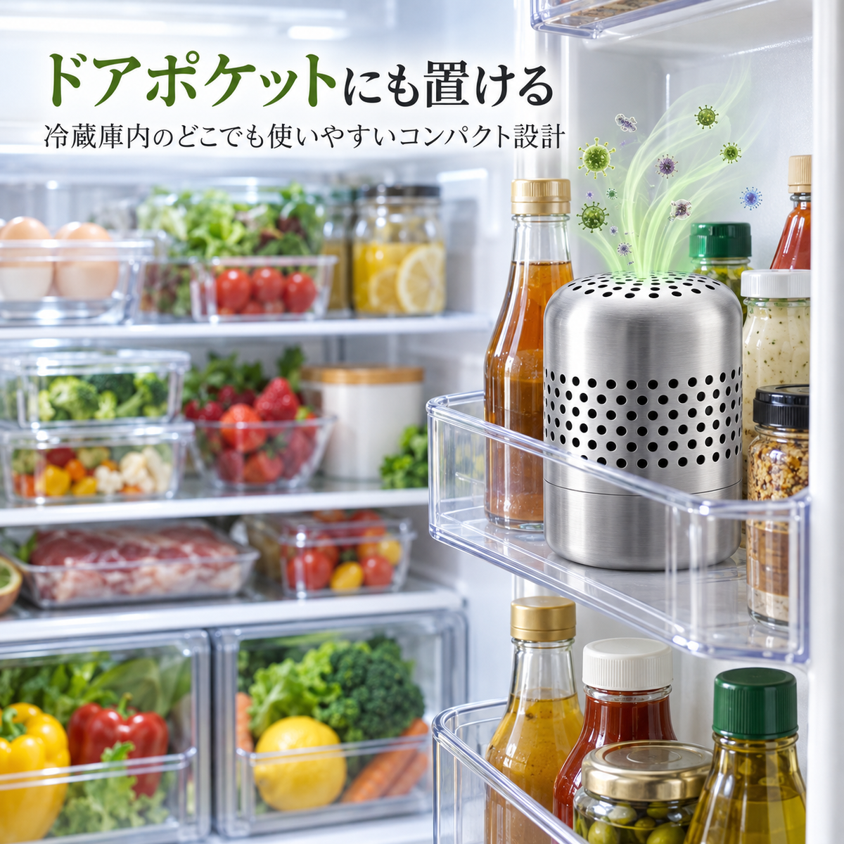 ドアポケットにも置ける。冷蔵庫内のどこでも使いやすいコンパクト設計