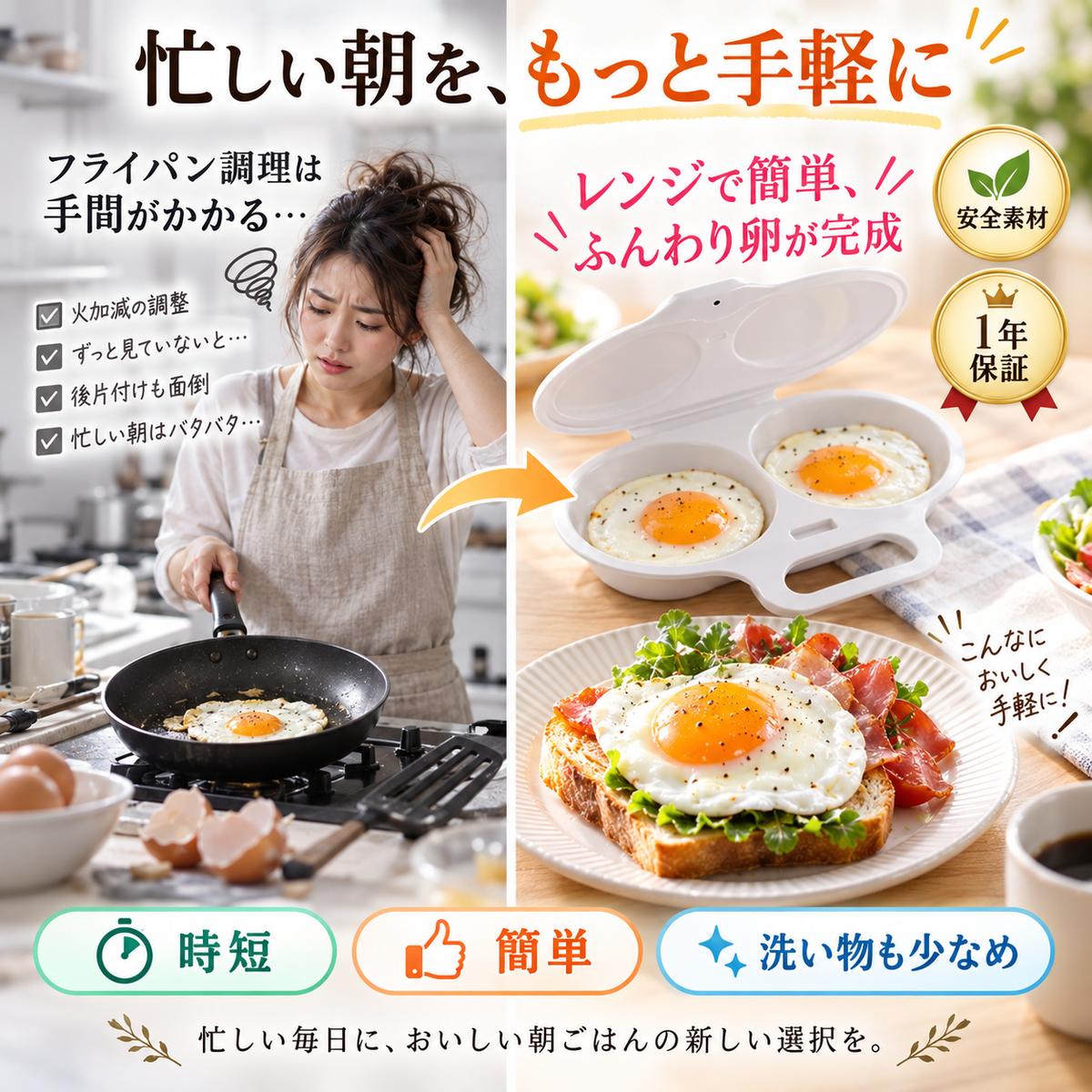 フライパン調理の火加減や後片付けの手間と、レンジ調理の手軽さを対比した画像。時短、簡単、洗い物少なめと案内しています。