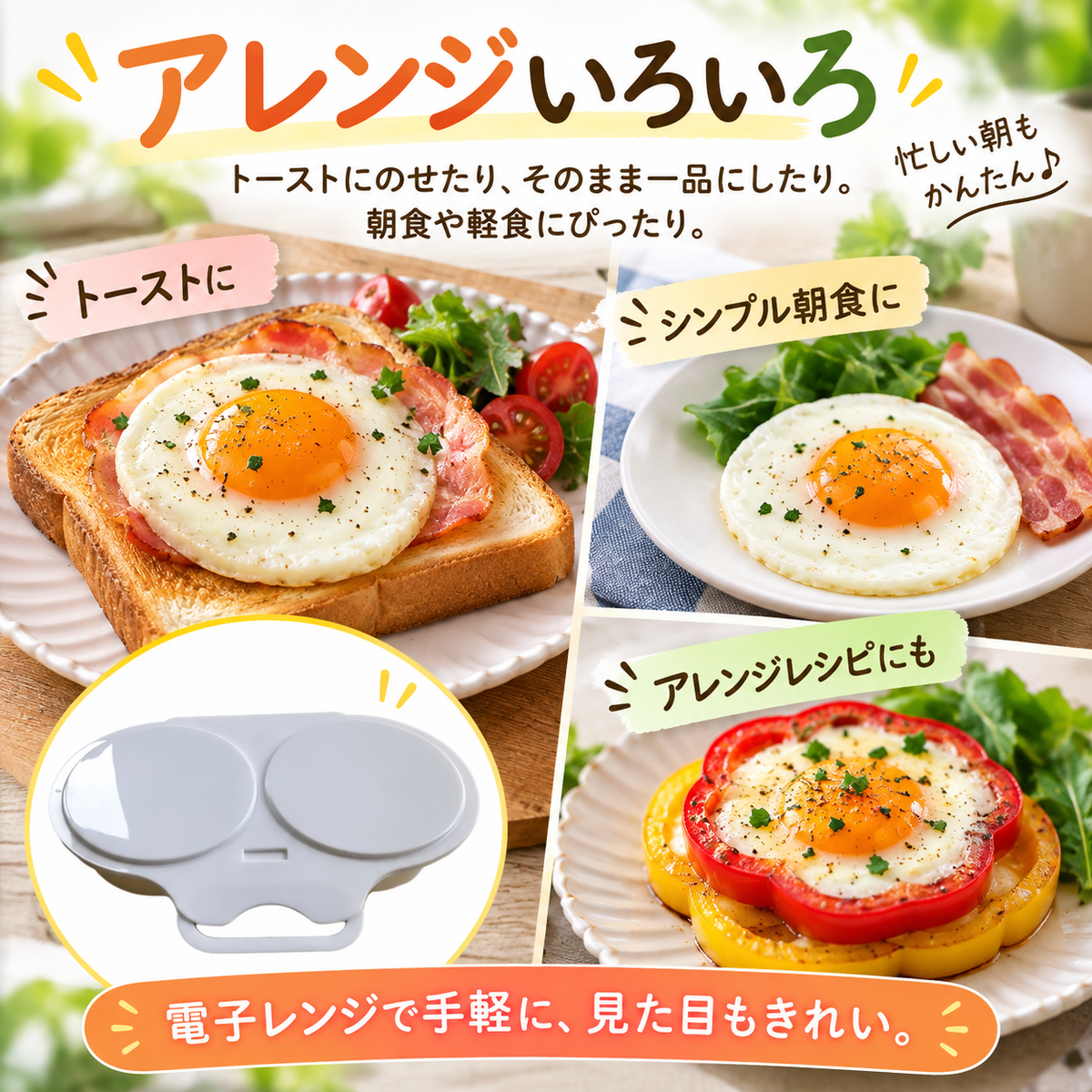卵料理をトースト、朝食プレート、野菜のアレンジに使う例を紹介。電子レンジで手軽に見た目もきれいに仕上げると案内しています。