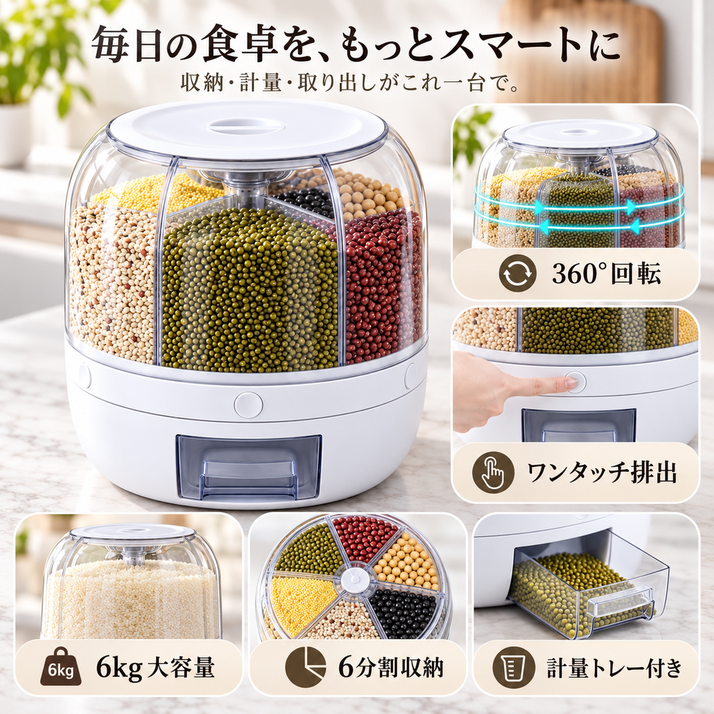 キッチンをすっきり整理。ふたを外して6つの仕切りへ穀物を補充できる様子