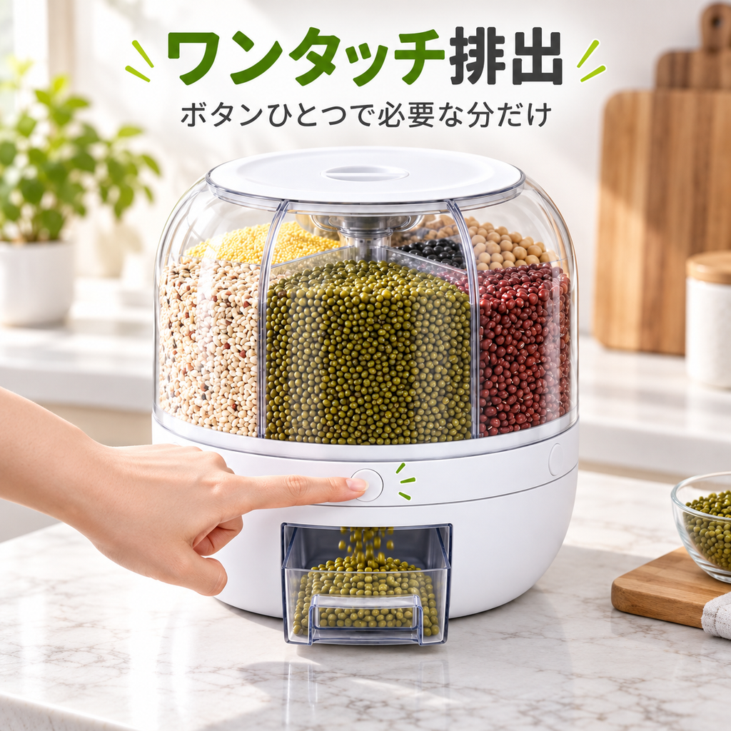 ワンタッチ排出。ボタンを押して必要な分だけ計量トレーへ出す様子