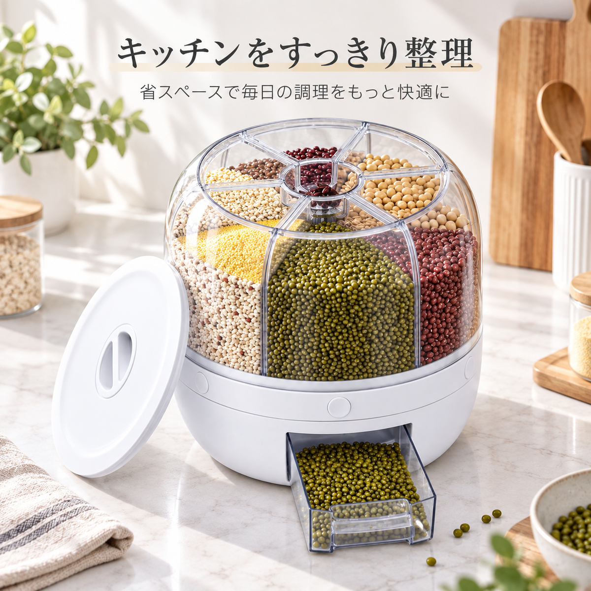 360度回転・ワンタッチ排出・約6kg容量・6分割収納・計量トレー付きの機能一覧