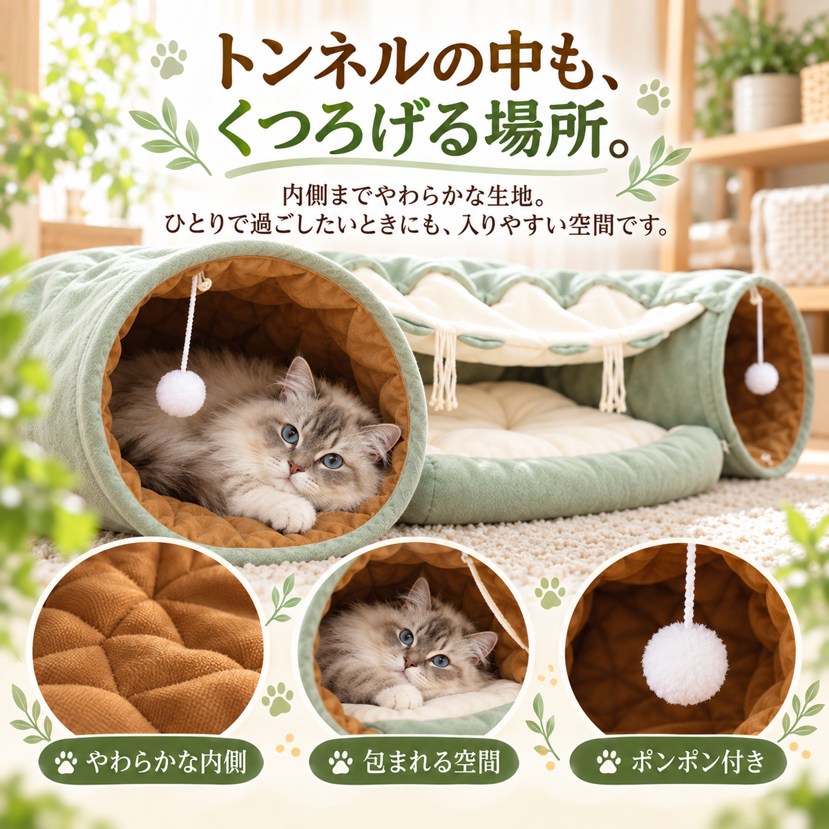 「トンネルの中も、くつろげる場所。」やわらかな内側、包まれる空間、吊り下げポンポンを紹介しています。