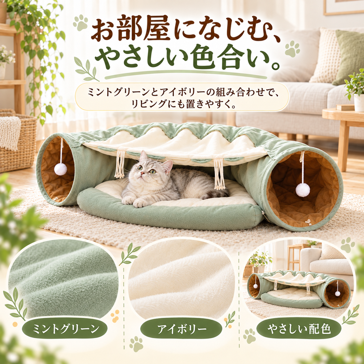 「お部屋になじむ、やさしい色合い。」ミントグリーンとアイボリーの生地、お部屋に置いた様子を紹介しています。