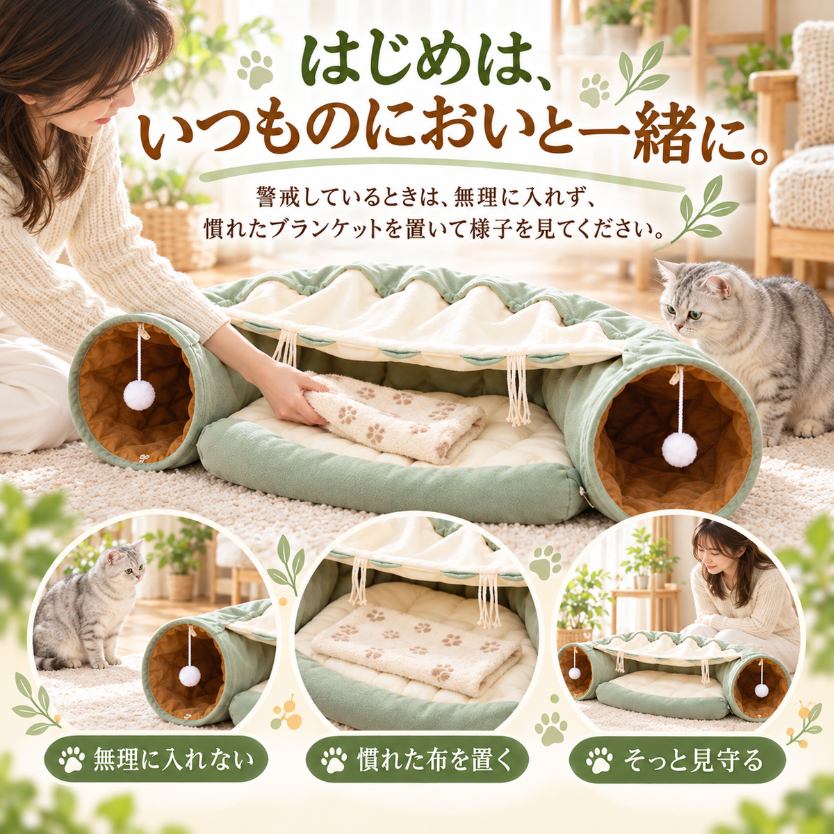 「はじめは、いつものにおいと一緒に。」慣れた布を置き、猫を無理に入れずに見守る使い始めのヒントです。