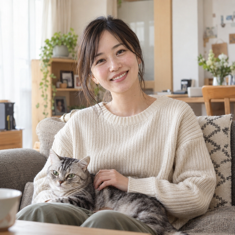 猫と暮らす30代の日本人女性のイメージ写真。リビングで猫と一緒にほほえんでいます。
