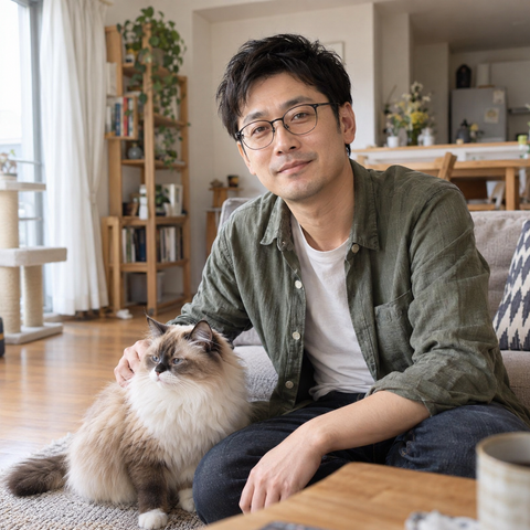猫と暮らす40代の日本人男性のイメージ写真。明るいリビングで猫のそばに座っています。