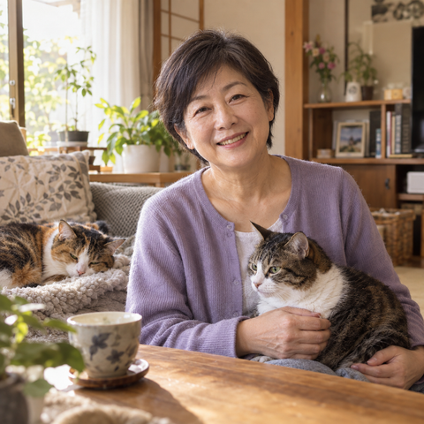 2匹の猫と暮らす50代の日本人女性のイメージ写真。自宅で猫を抱いてほほえんでいます。
