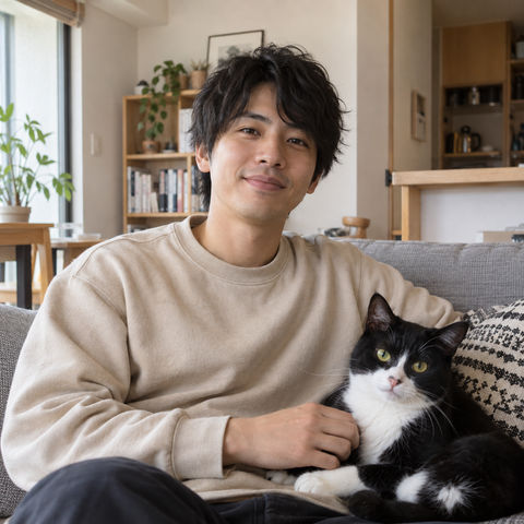 猫と暮らす20代の日本人男性のイメージ写真。ソファで猫と一緒に過ごしています。