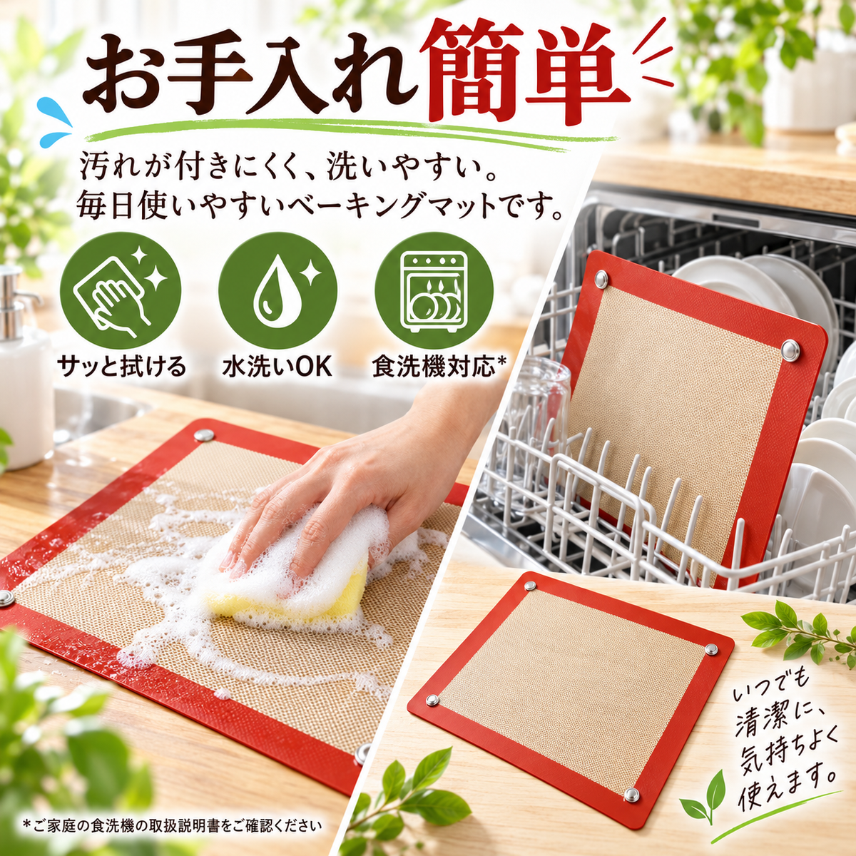 スポンジで水洗いする様子と食器洗い乾燥機への収納イメージ