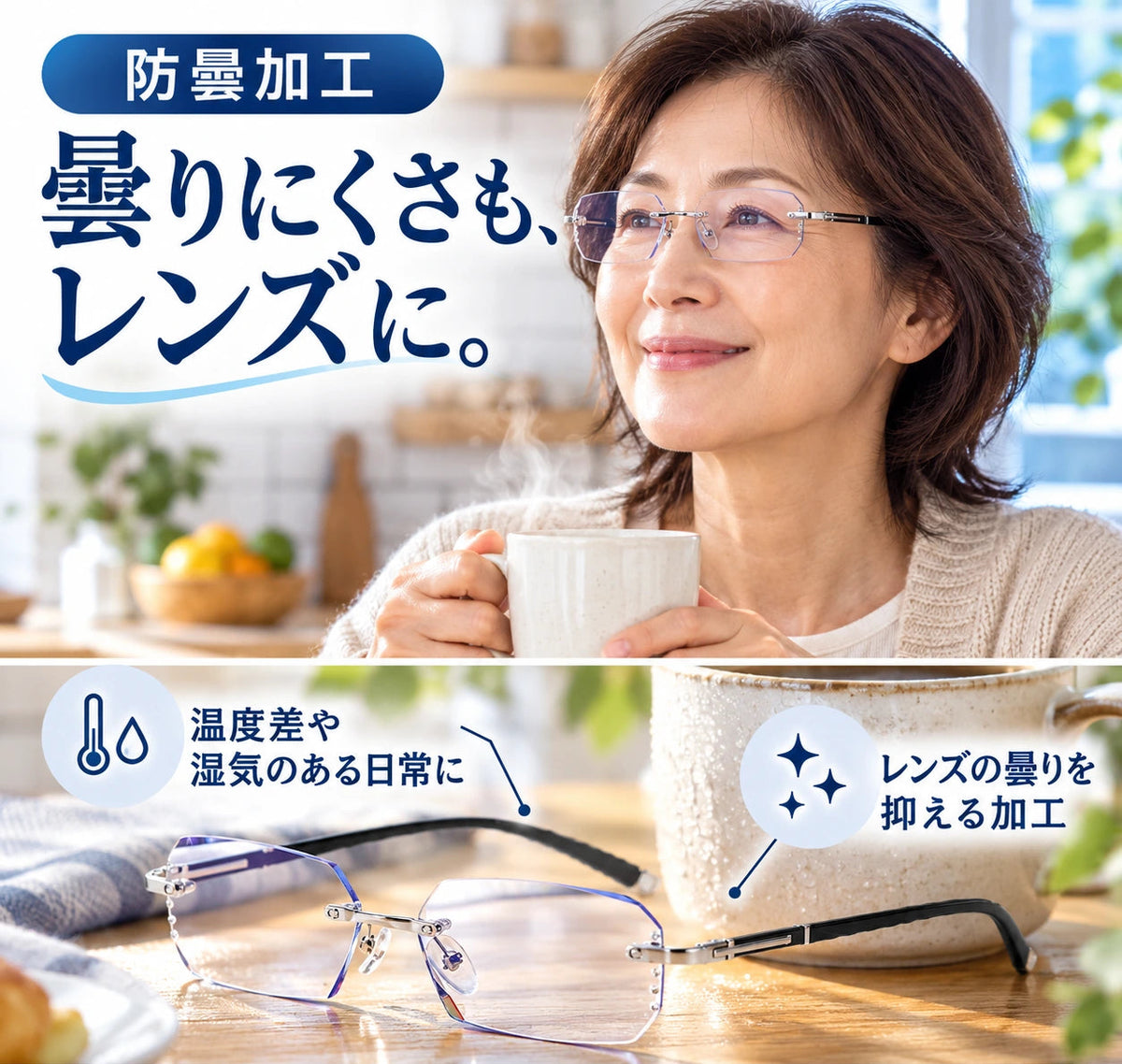 防曇加工。曇りにくさも、レンズに。温度差や湿気のある日常に。レンズの曇りを抑える加工。TR90をかけた女性と温かい飲み物のある使用イメージ。使用環境やお手入れにより効果は異なります。完全に曇りを防ぐものではありません。