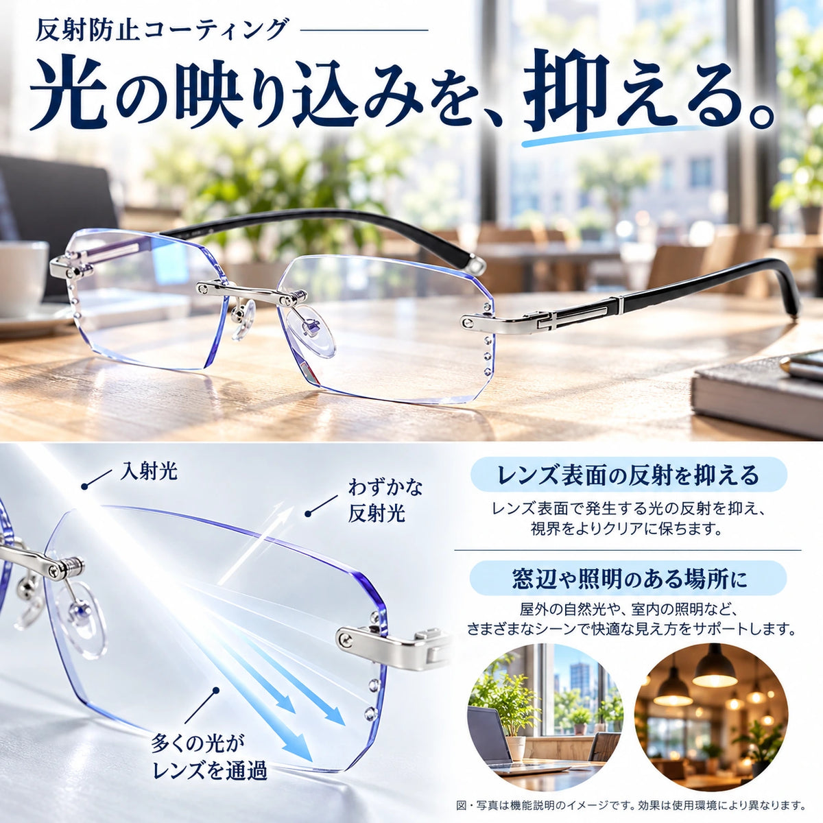 反射防止コーティング。光の映り込みを、抑える。レンズ表面の反射を抑える。窓辺や照明のある場所に。入射光、わずかな反射光、多くの光がレンズを通過する様子を示す模式図。図・写真は機能説明のイメージです。効果は使用環境により異なります。