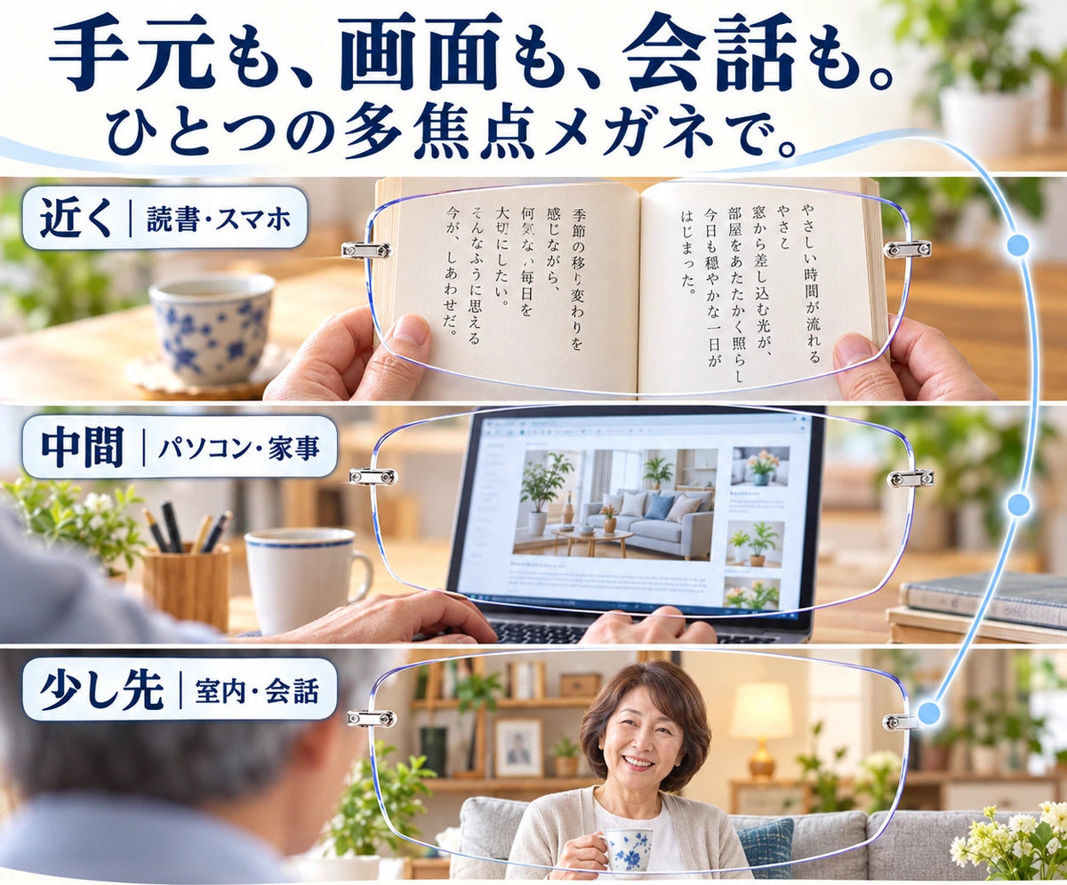 手元も、画面も、会話も。ひとつの多焦点メガネで。近く：読書・スマホ。中間：パソコン・家事。少し先：室内・会話。見る距離に合わせて、見やすい位置を使い分ける。使用イメージです。見え方・適合には個人差があります。
