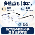 多焦点を、1本に。TR90の商品イメージ。手元：読書・スマホ。中間：家事・パソコン。少し先：室内・会話。処方箋の提出不要。度数選択不要。
