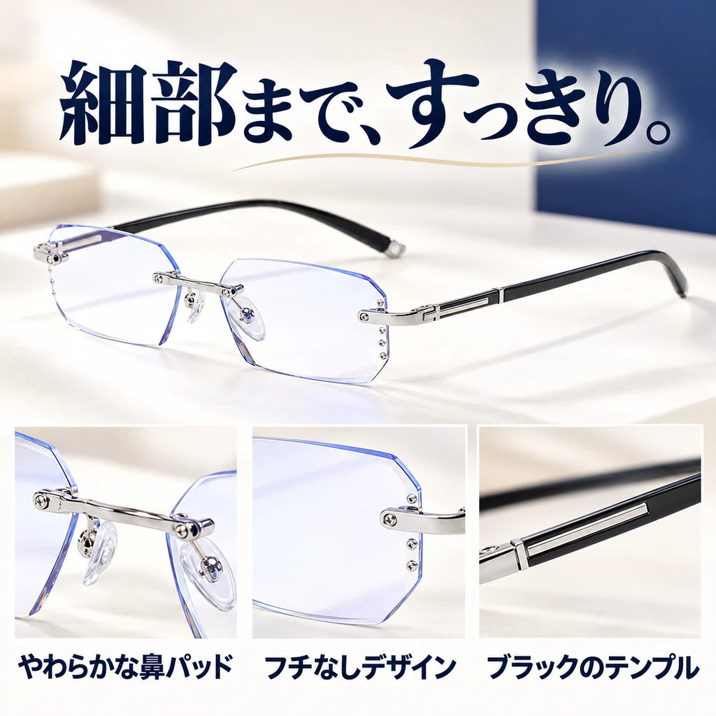 細部まで、すっきり。TR90の商品イメージ。やわらかな鼻パッド、フチなしデザイン、ブラックのテンプル。