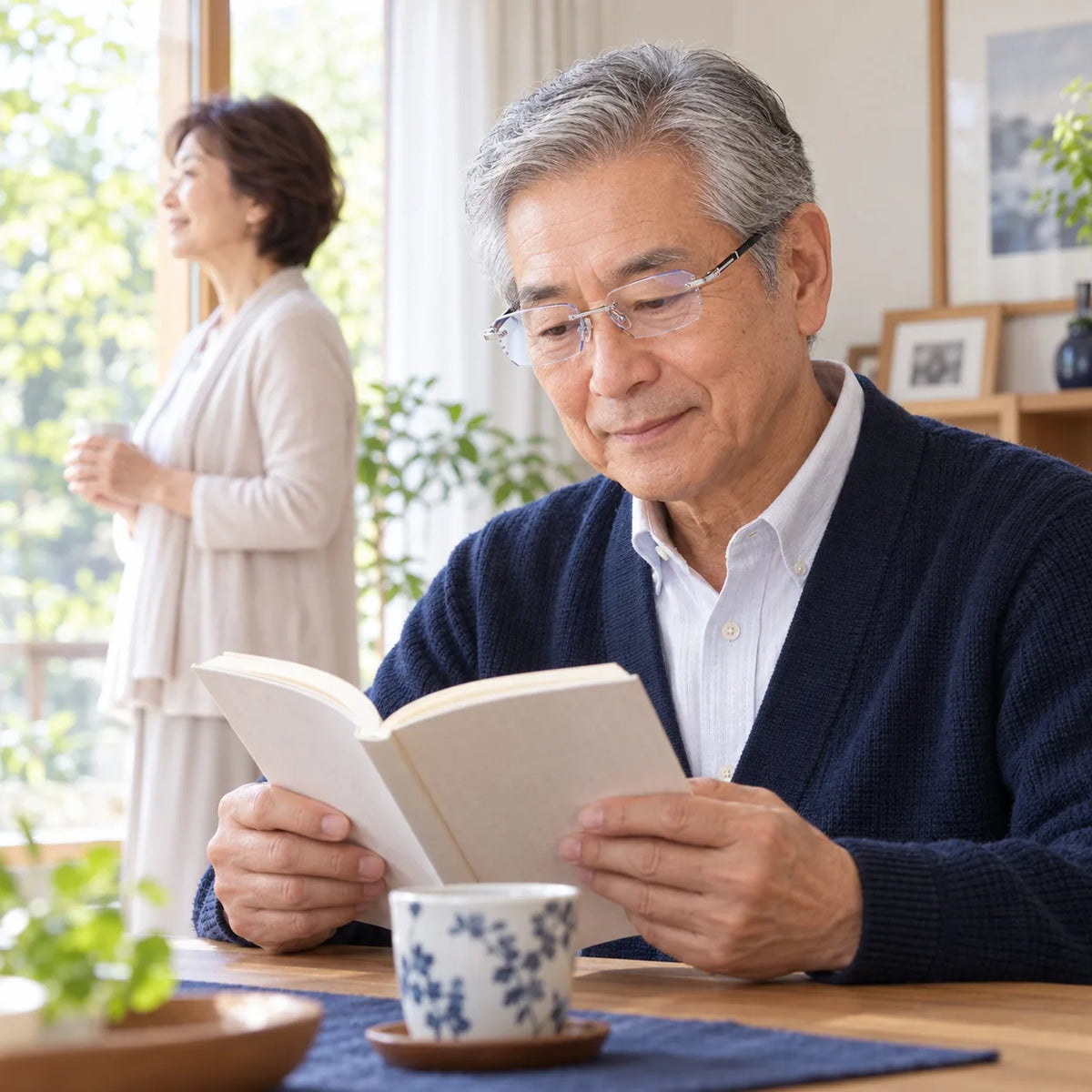 TR90多焦点メガネをかけて読書を楽しむシニア男性