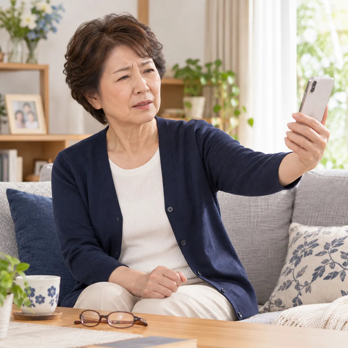 スマートフォンを離して見ようとするシニア女性