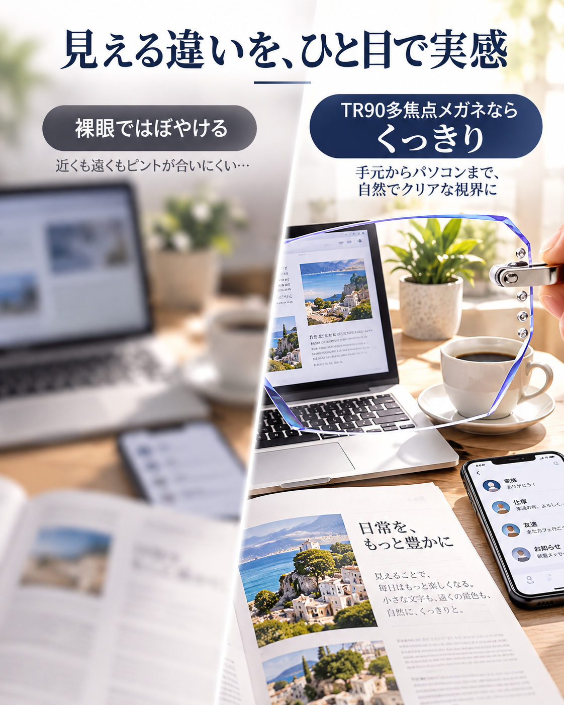 見える違いを、ひと目で実感。裸眼ではぼやける：近くも遠くもピントが合いにくい…。TR90多焦点メガネならくっきり：手元からパソコンまで、自然でクリアな視界に。パソコン、スマートフォン、雑誌と、レンズ越しの見え方を比較したイメージ。