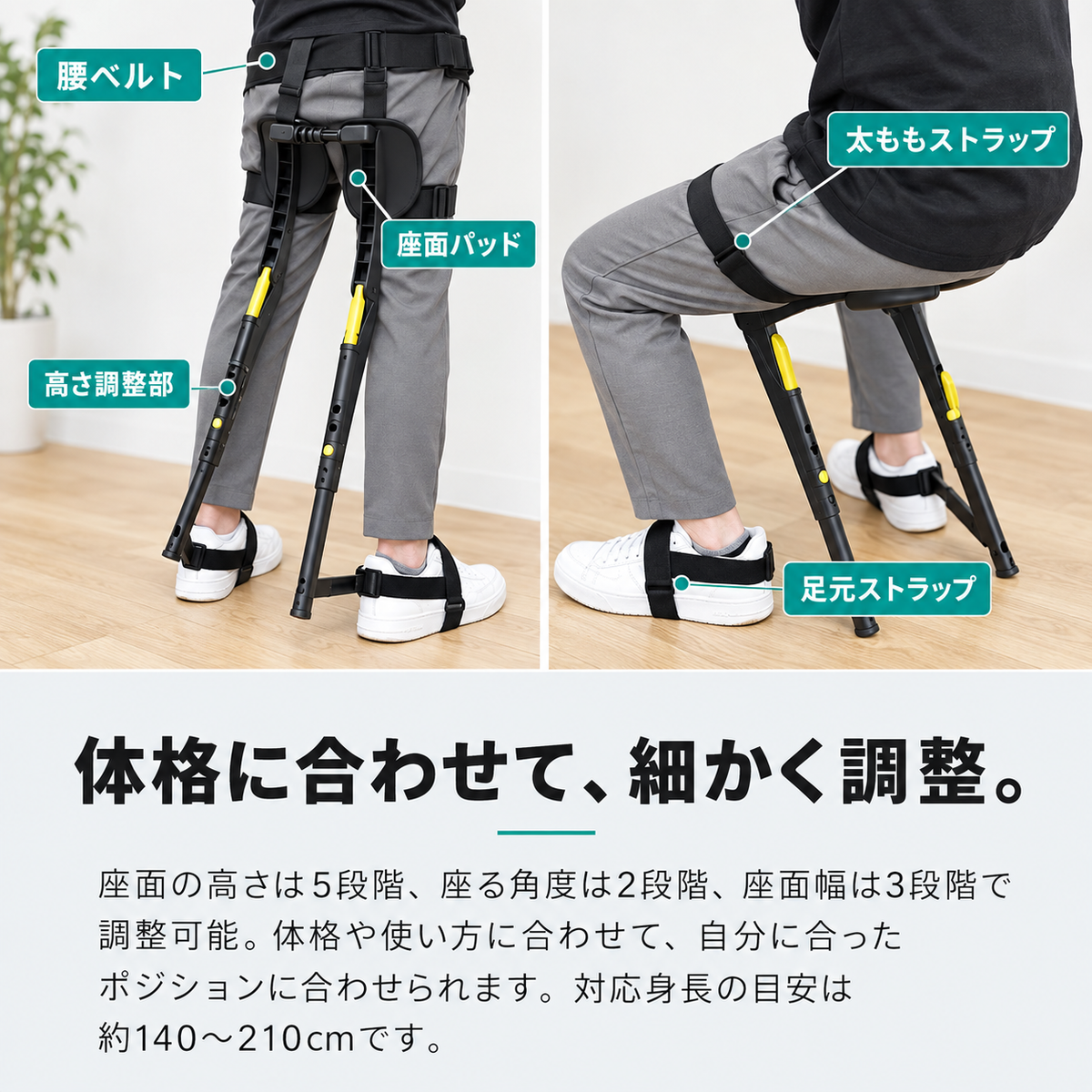 体格に合わせて、細かく調整。座面の高さは5段階、座る角度は2段階、座面幅は3段階で調整可能。対応身長の目安は約140〜210cmです。各部の名称：腰ベルト、座面パッド、高さ調整部、太ももストラップ、足元ストラップ。