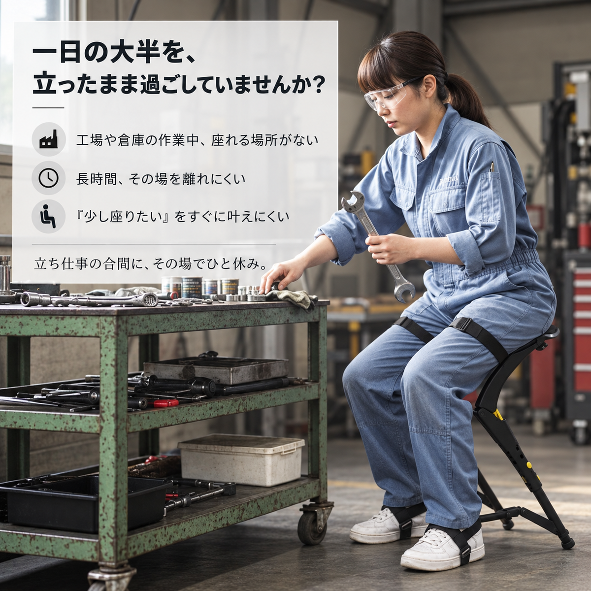 一日の大半を、立ったまま過ごしていませんか？工場や倉庫の作業中、座れる場所がない。長時間、その場を離れにくい。「少し座りたい」をすぐに叶えにくい。立ち仕事の合間に、その場でひと休み。